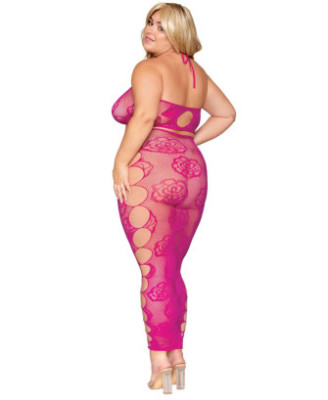 Ensemble Soutien-gorge et jupe longue en filet rose, grande taille 